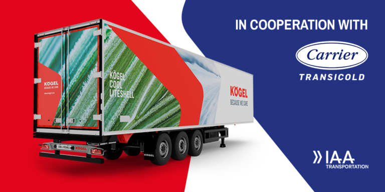 Naczepa chłodnia Kögel Cool Liteshell, grafika targowa IAA Transportation z logo Carrier Transicold