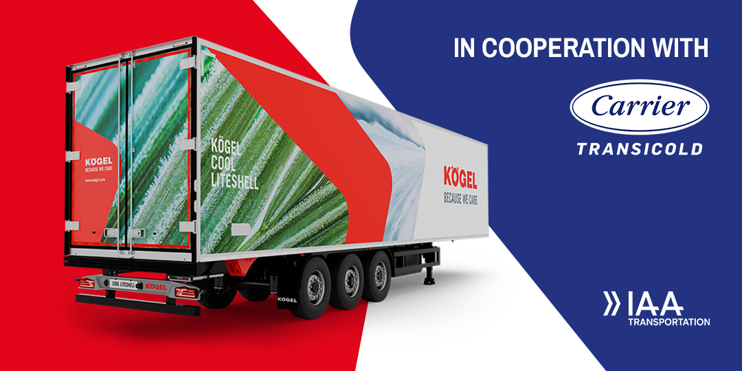 Naczepa chłodnia Kögel Cool Liteshell, grafika targowa IAA Transportation z logo Carrier Transicold